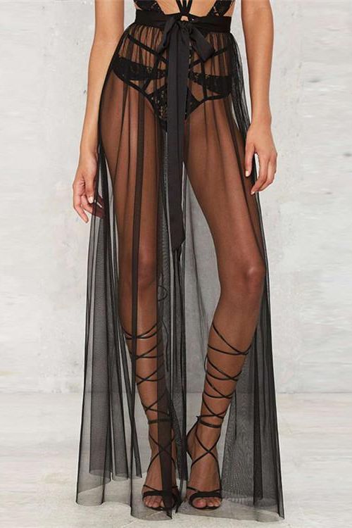 Lace Mesh Cage Strap Bodysuit Tulle Wrap Maxi Skirt Two-Piece Set