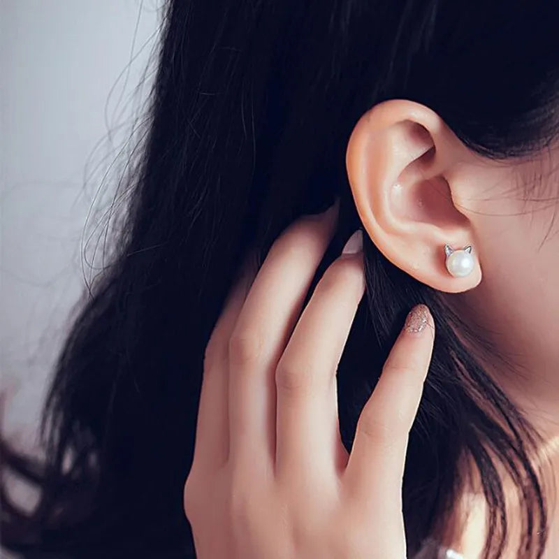 Faux Pearl Cat Ear Stud Earrings