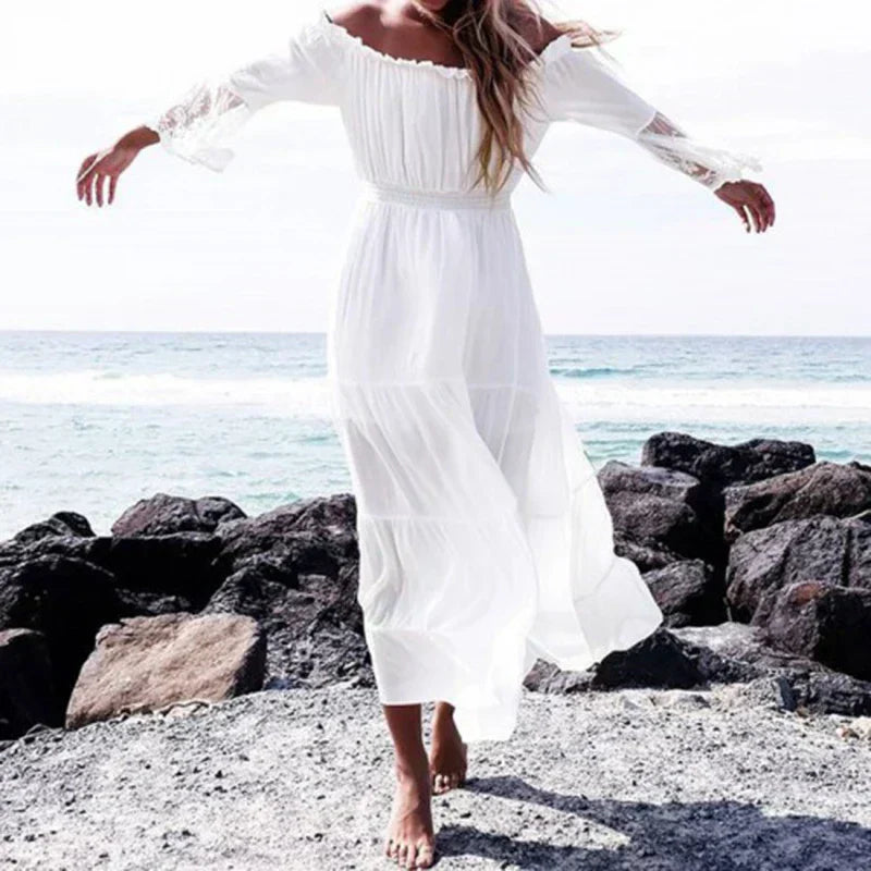 Off Shoulder Lace Insert Long Sleeve Smocked Waist Tiered Maxi Dress