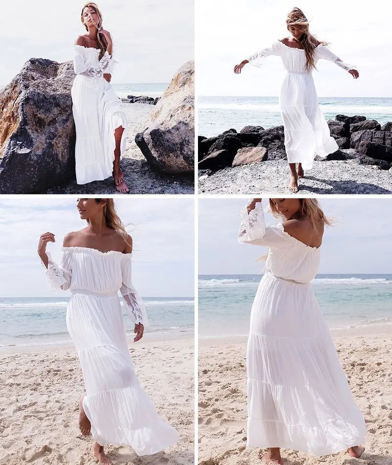 Off Shoulder Lace Insert Long Sleeve Smocked Waist Tiered Maxi Dress
