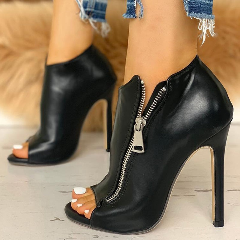 Solid Zipper High Heel Sandals