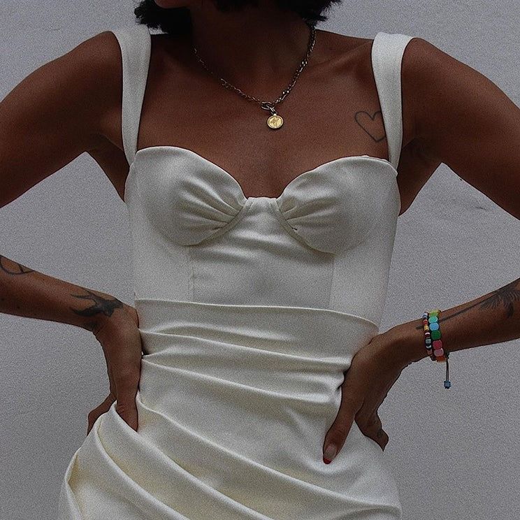 Mia Ruched Slit Thick Strap Satin Dress - View 6