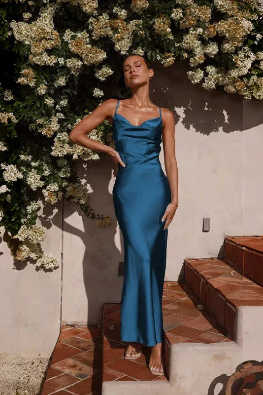Satin Spaghetti Strap Cowl Neck Bias Cut Slip Midi Dress
