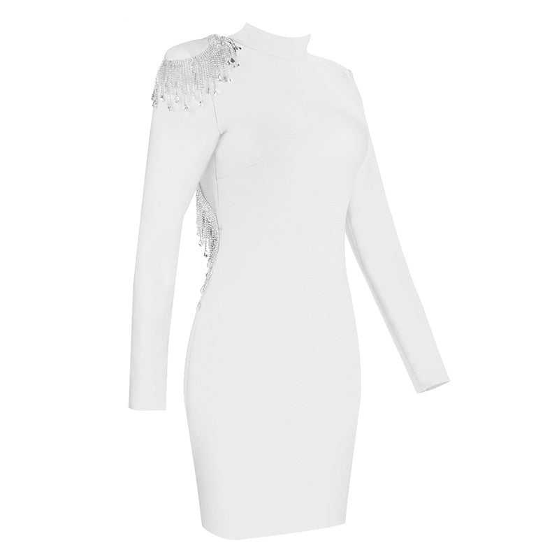 Mock Neck Long Sleeve Backless Rhinestone Fringe Bandage Mini Dress