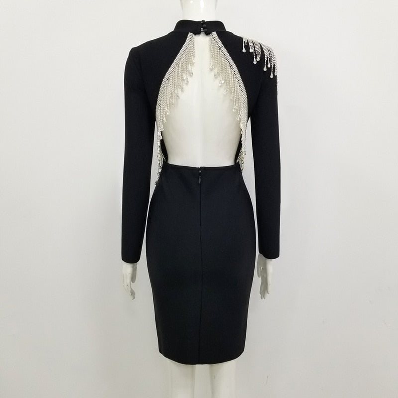 Mock Neck Long Sleeve Backless Rhinestone Fringe Bandage Mini Dress