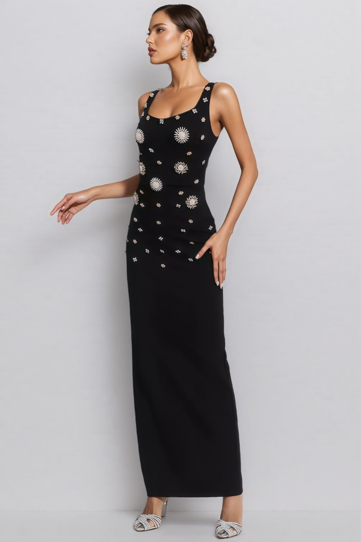 Rhinestone Sunburst Scoop Neck Sleeveless Column Maxi Gown
