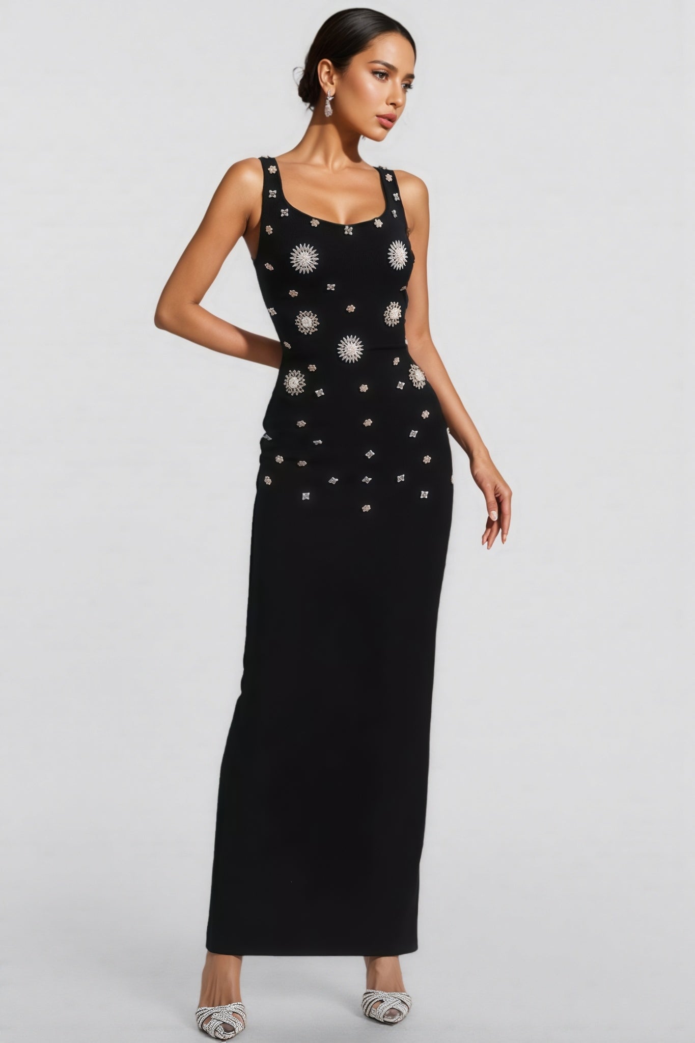 Rhinestone Sunburst Scoop Neck Sleeveless Column Maxi Gown