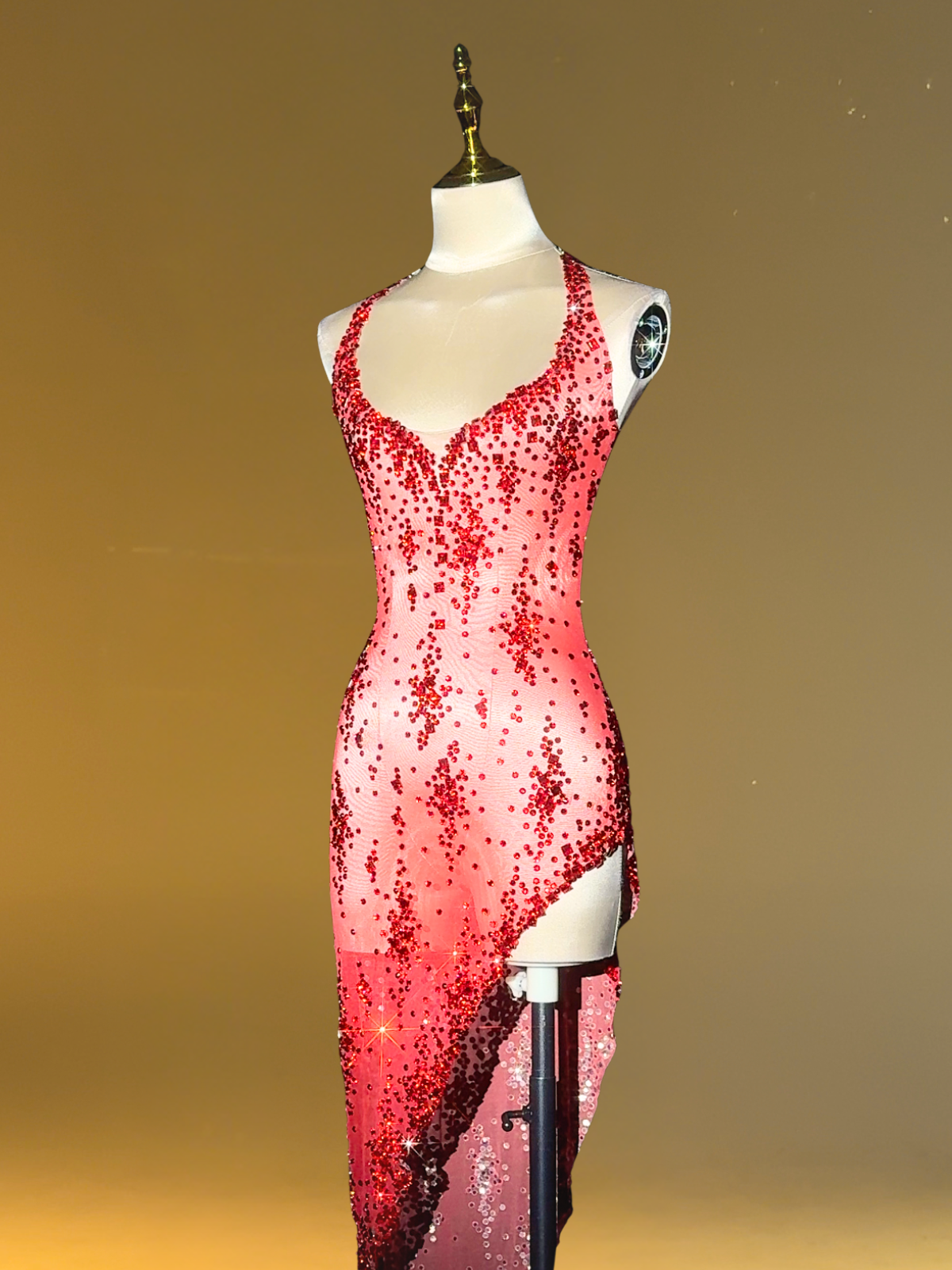 Spaghetti Rhinestone Split Midi Dress In Red - View 7