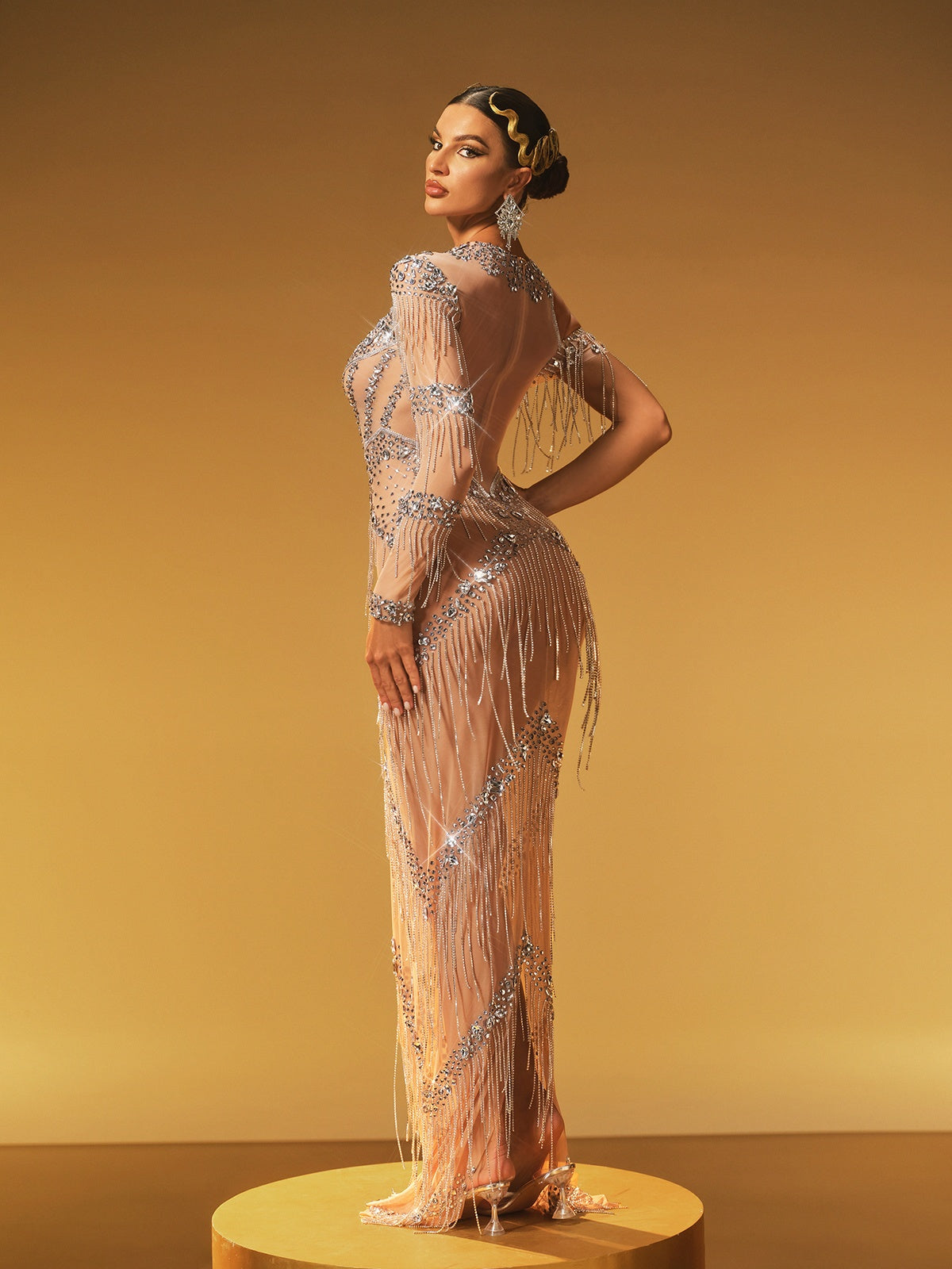 One Shoulder Fringe Crystal Maxi Dress - View 6