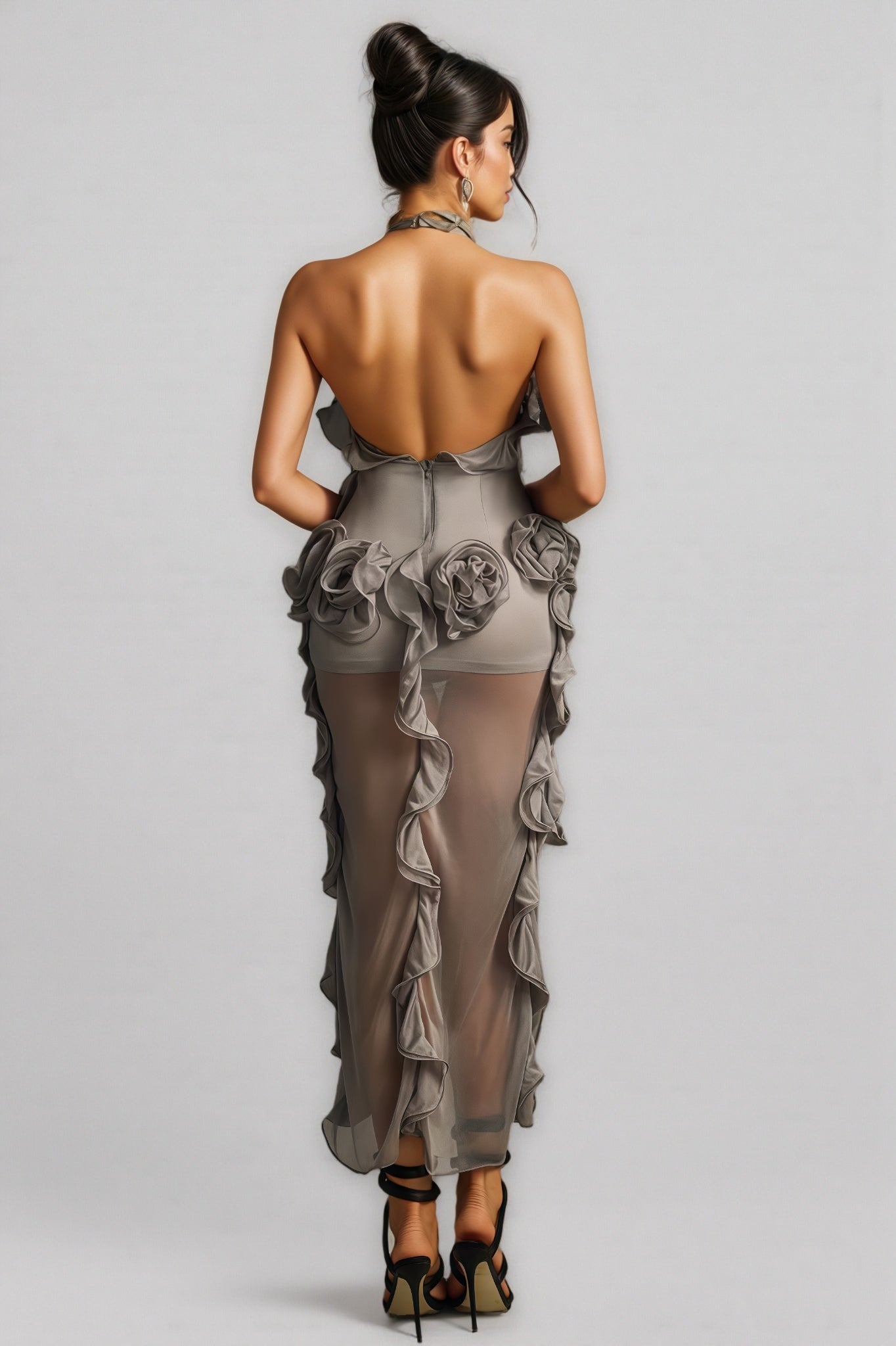 Halter Neck Rosette Ruffle Sheer Mesh High Low Mini Dress