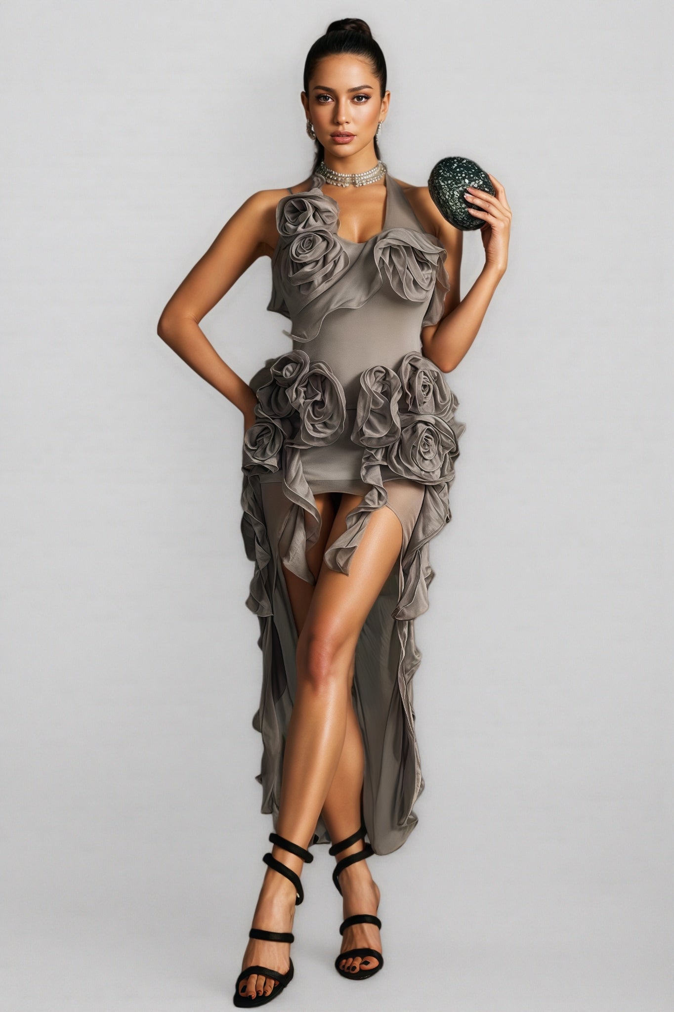 Halter Neck Rosette Ruffle Sheer Mesh High Low Mini Dress