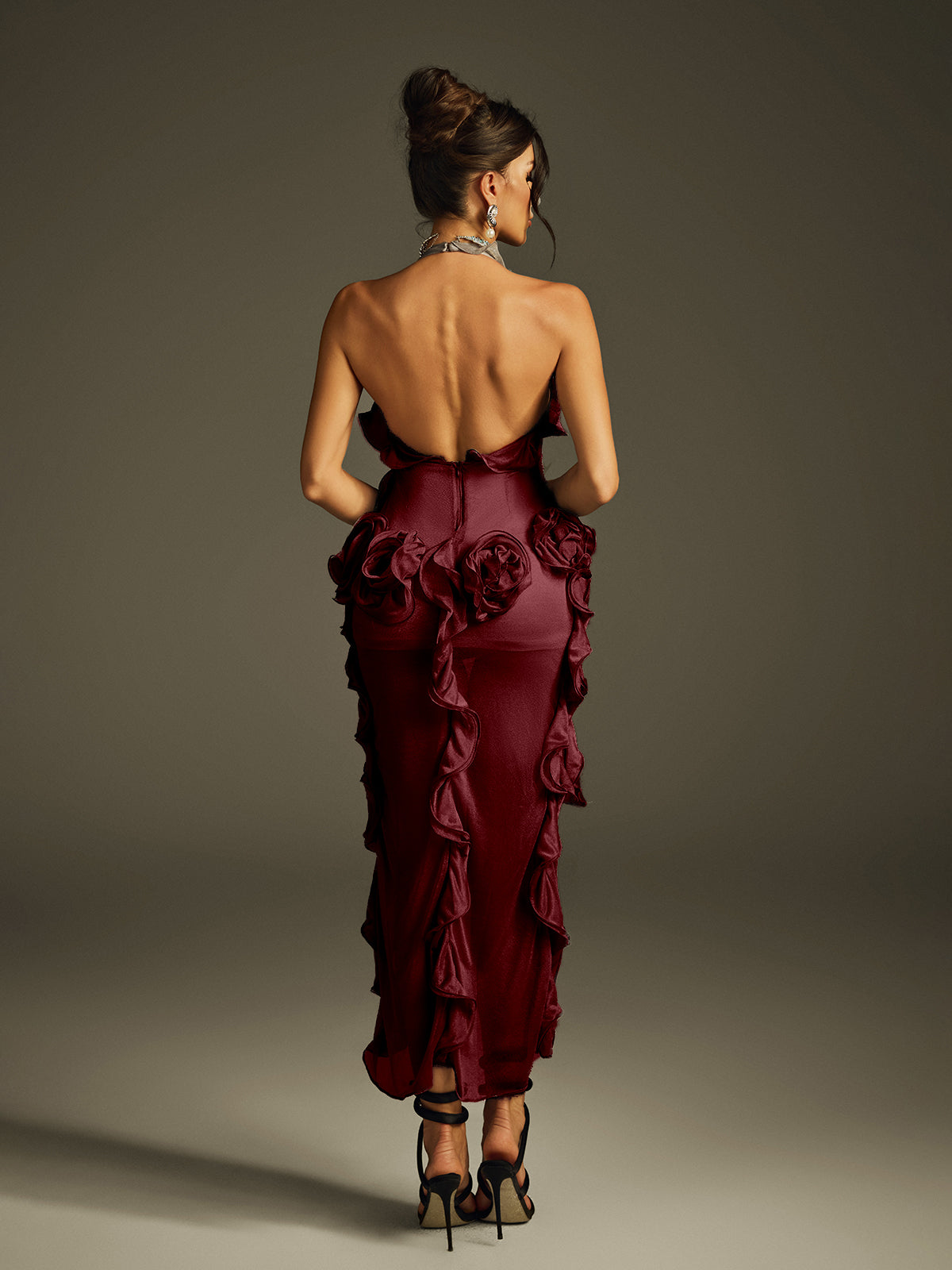 Halter Neck Rosette Ruffle High Low Bodycon Midi Dress