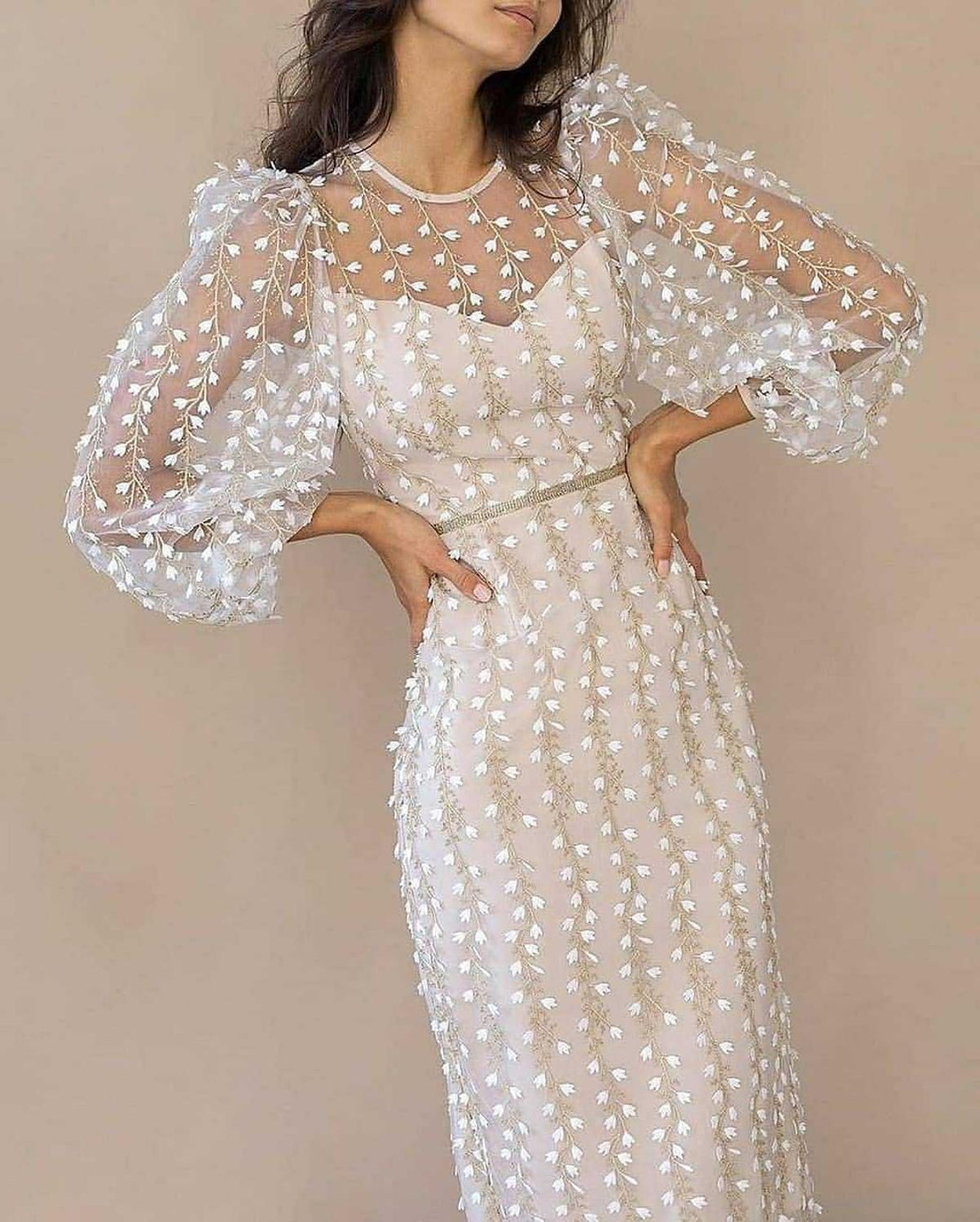 Sheer Mesh Round Neck Lantern Sleeve Leaf Applique Midi Dress