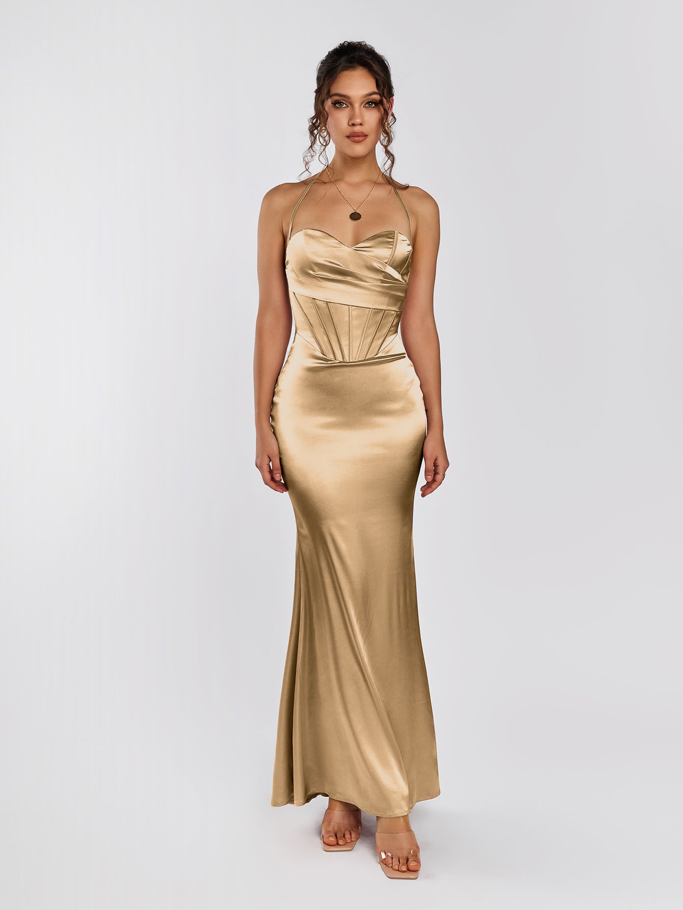 Satin Halter Neck Corset Backless Mermaid Maxi Dress