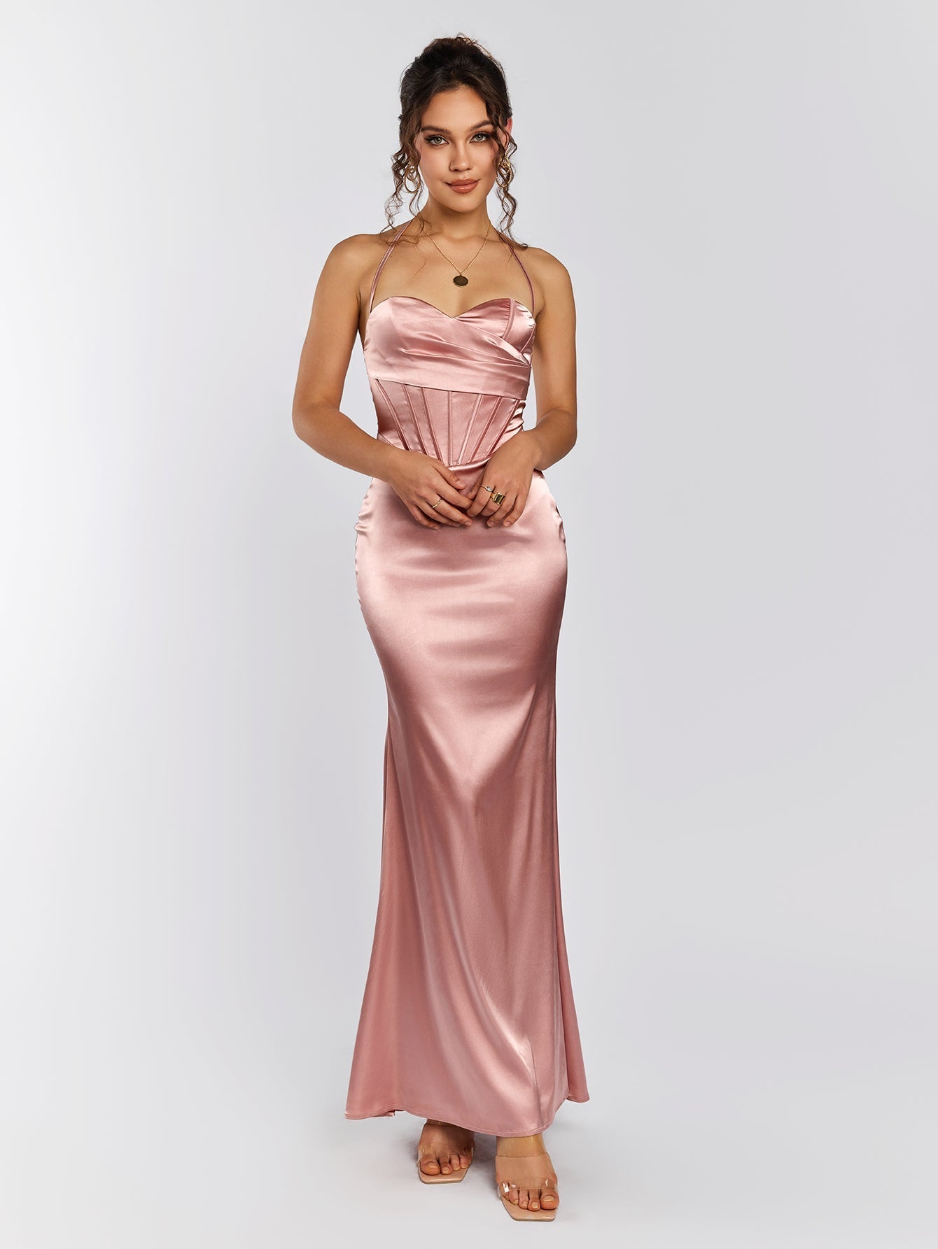 Satin Halter Neck Corset Backless Mermaid Maxi Dress