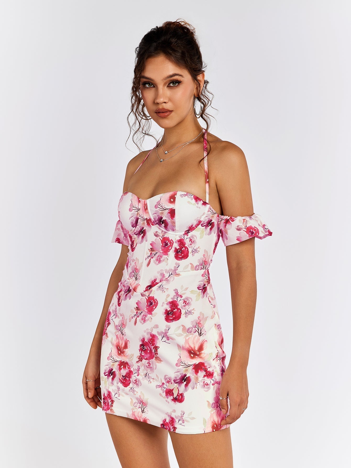 Floral Off Shoulder Sweetheart Ruffle Corset Bodycon Mini Dress