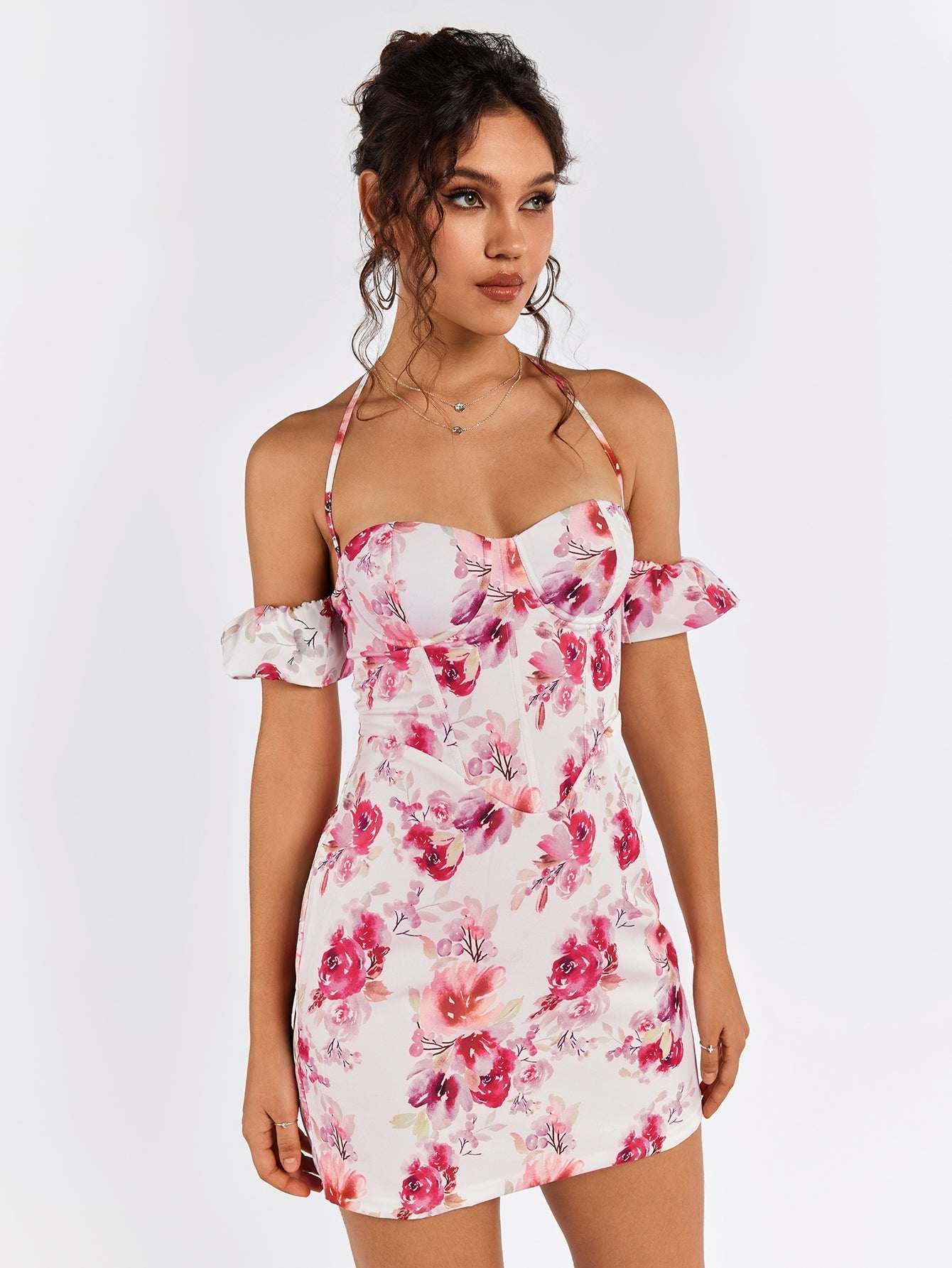 Floral Off Shoulder Sweetheart Ruffle Corset Bodycon Mini Dress