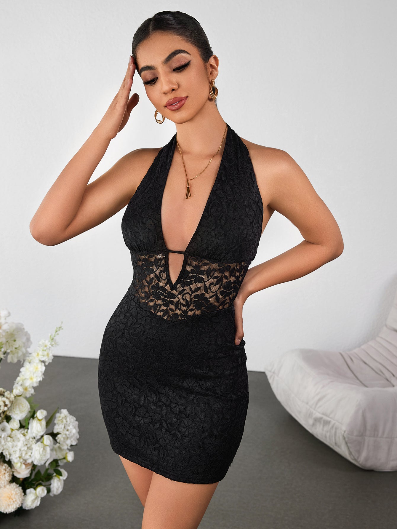 Lace Halter Neck Deep V-Neck Sheer Waist Bodycon Mini Dress