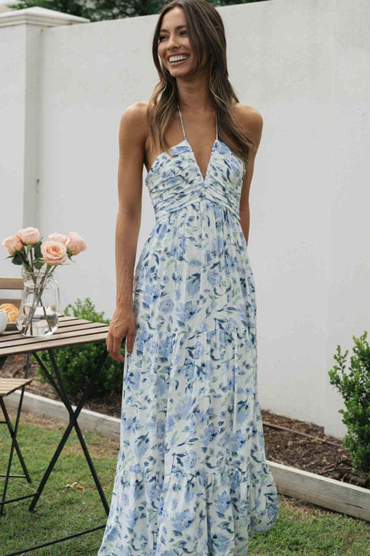 Halter Neck Floral Ruched High Split Maxi Dress 7