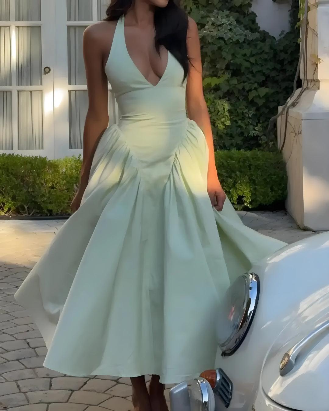 Halter Deep V-Neck Ruched Fit and Flare Midi Dress