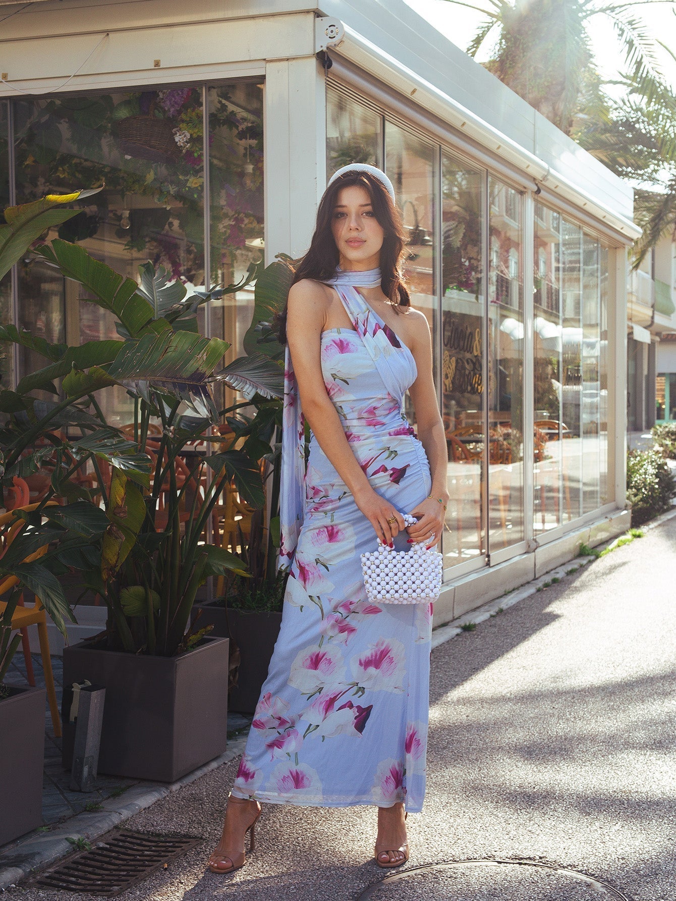 Floral Print Halter Neck Cross Front Ruched Maxi Dress