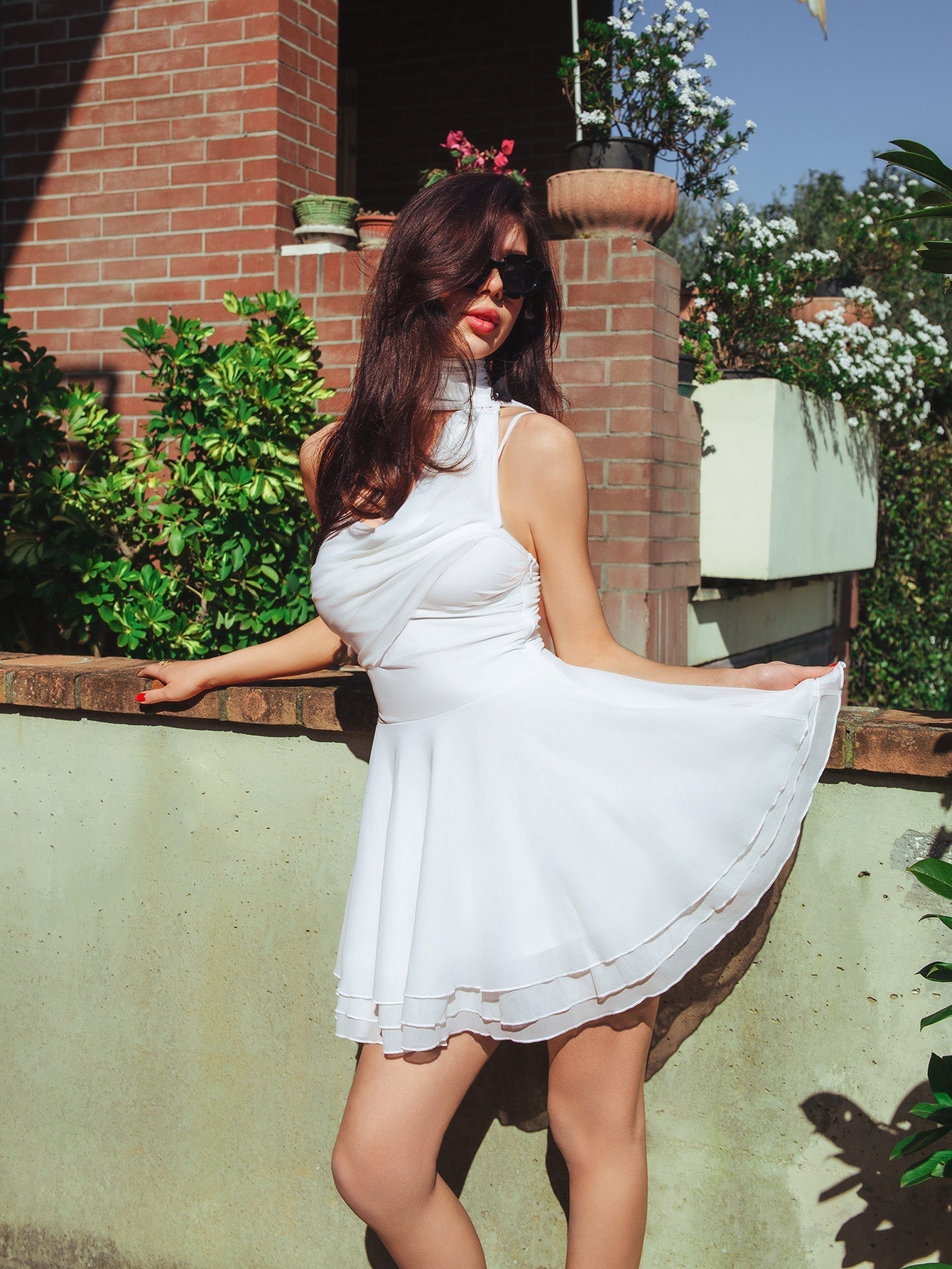 Mesh Halter Neck Ruched Fit and Flare Mini Dress