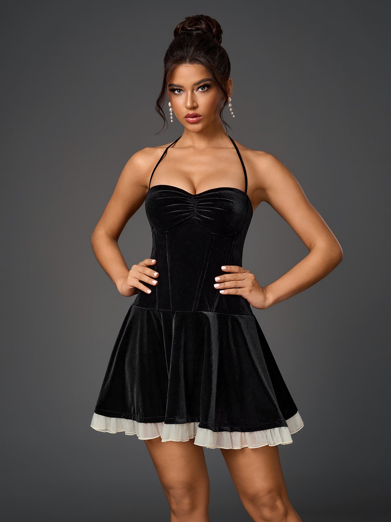 Velvet Halter Neck Ruched Bustier Fit and Flare Mini Dress