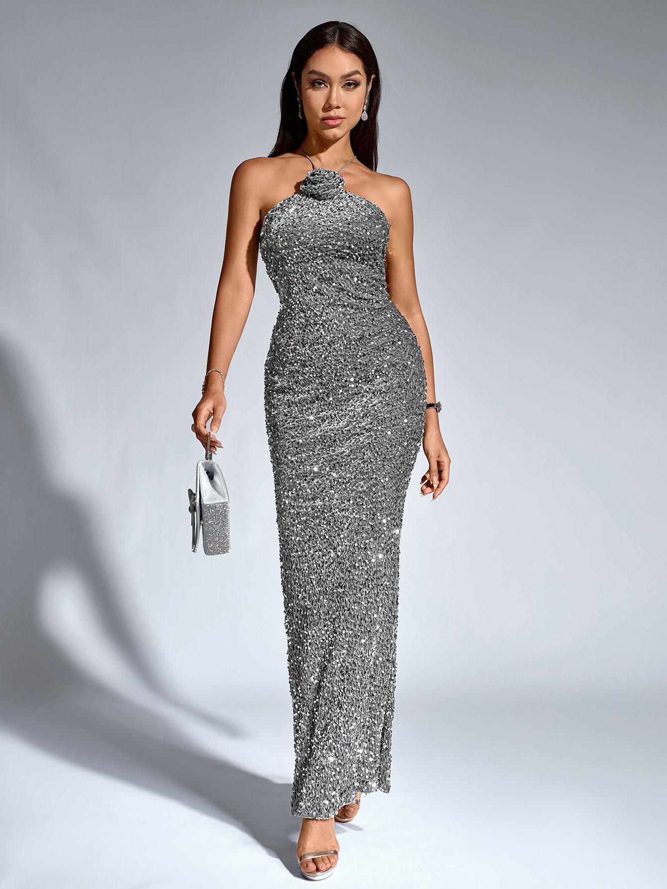 Sequin Halter Neck Rosette Mermaid Maxi Dress - View 5
