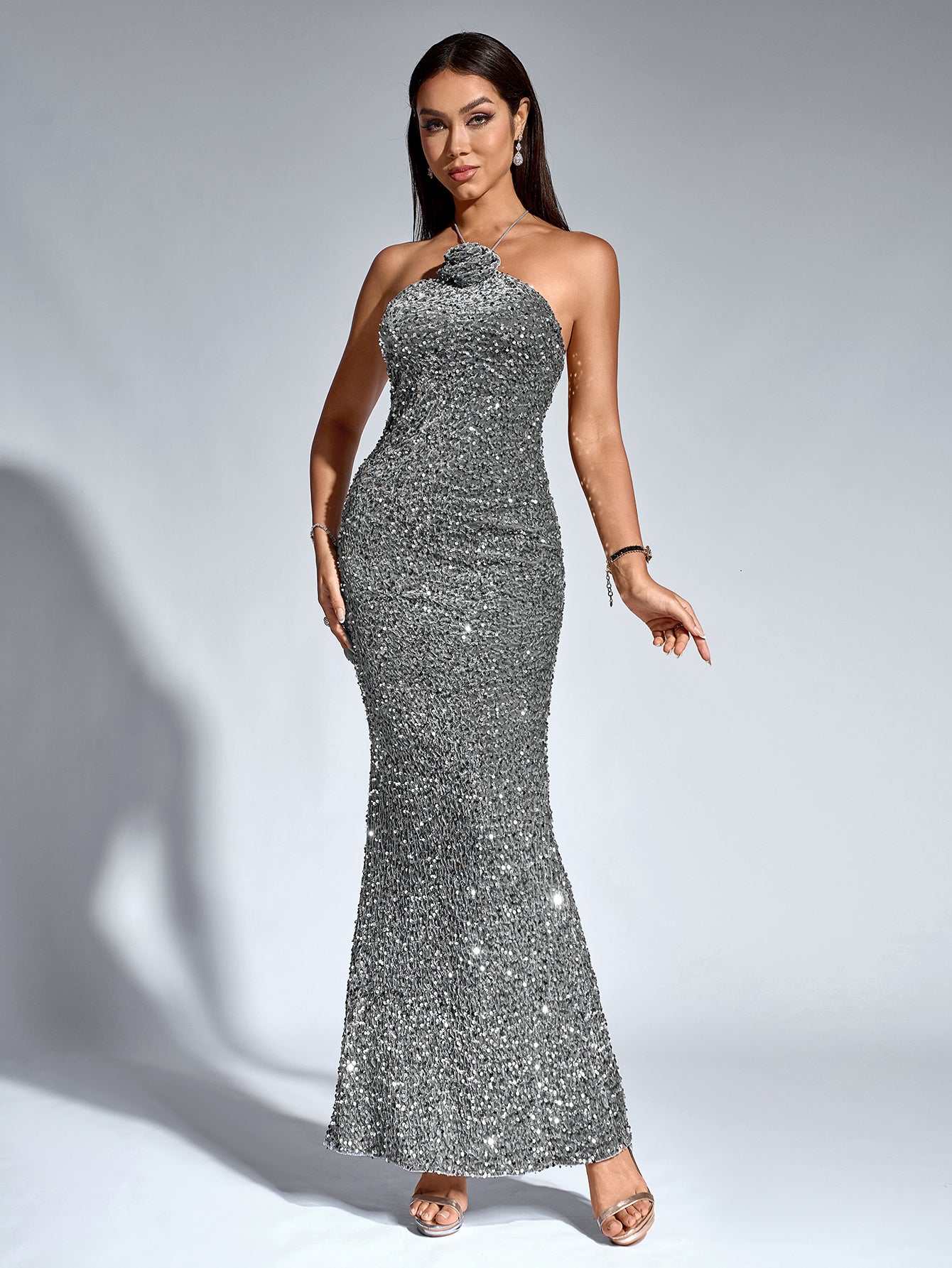 Sequin Halter Neck Rosette Mermaid Maxi Dress