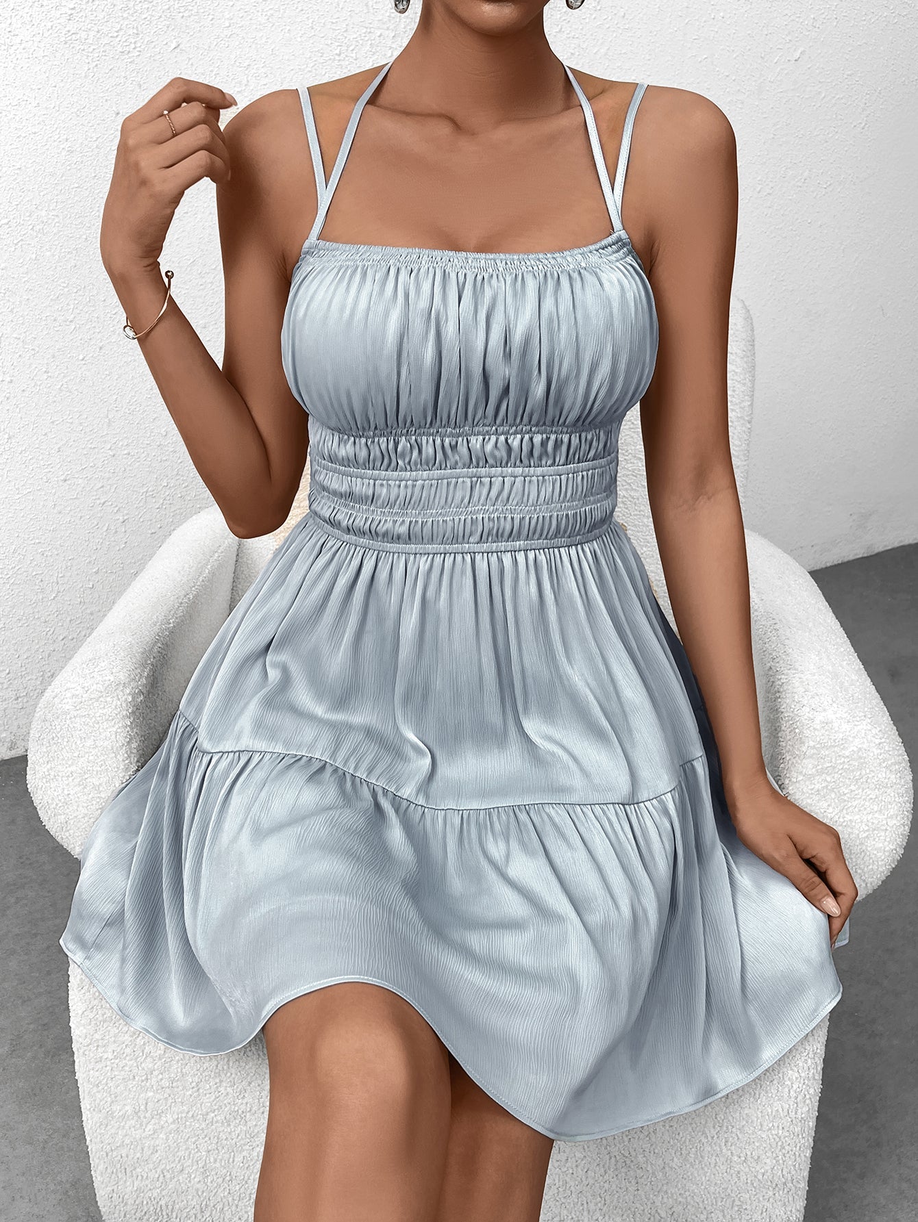 Satin Square Neck Shirred Waist Tiered Mini Dress