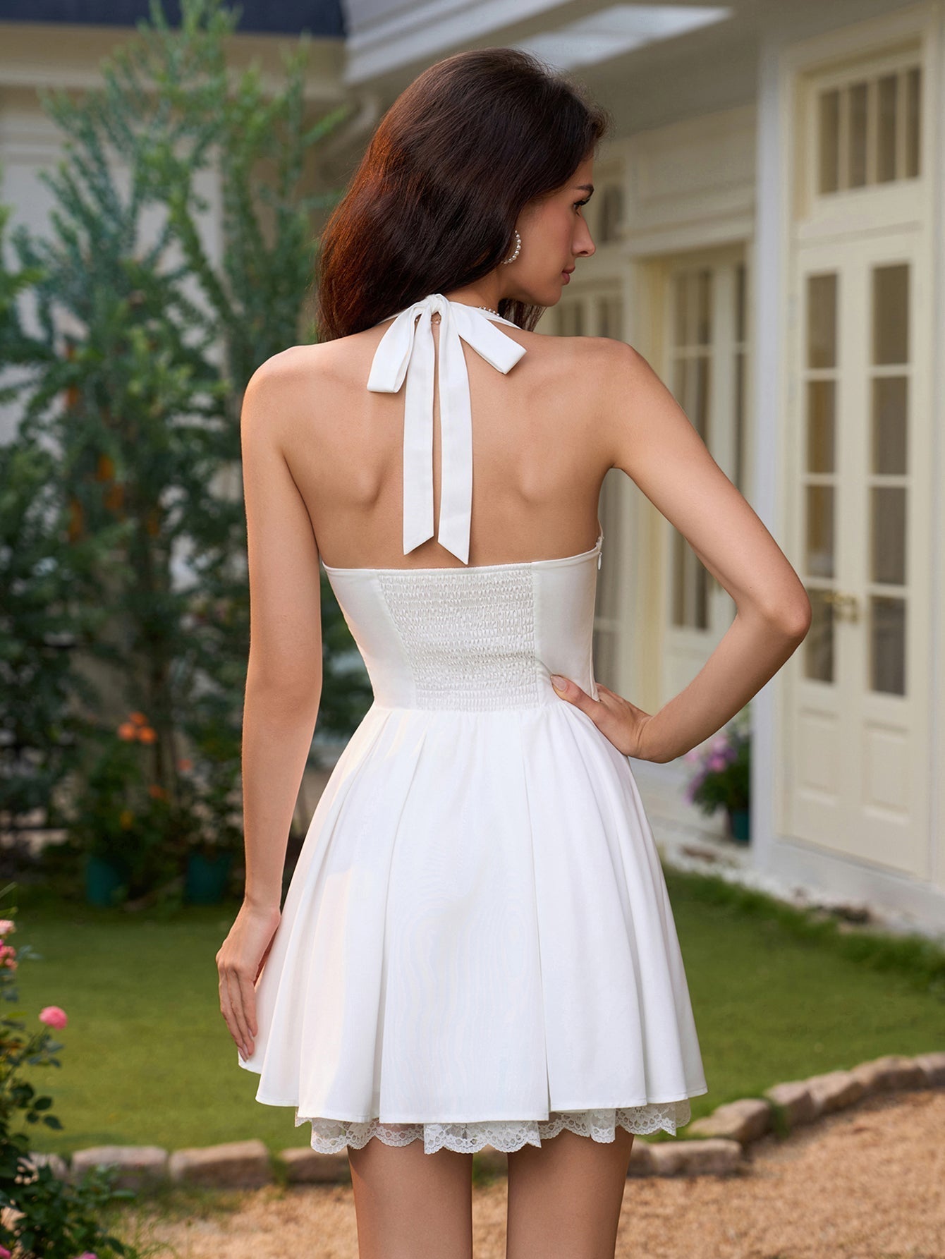 Halter Neck Lace Trim Tie Front Corset Fit and Flare Mini Dress