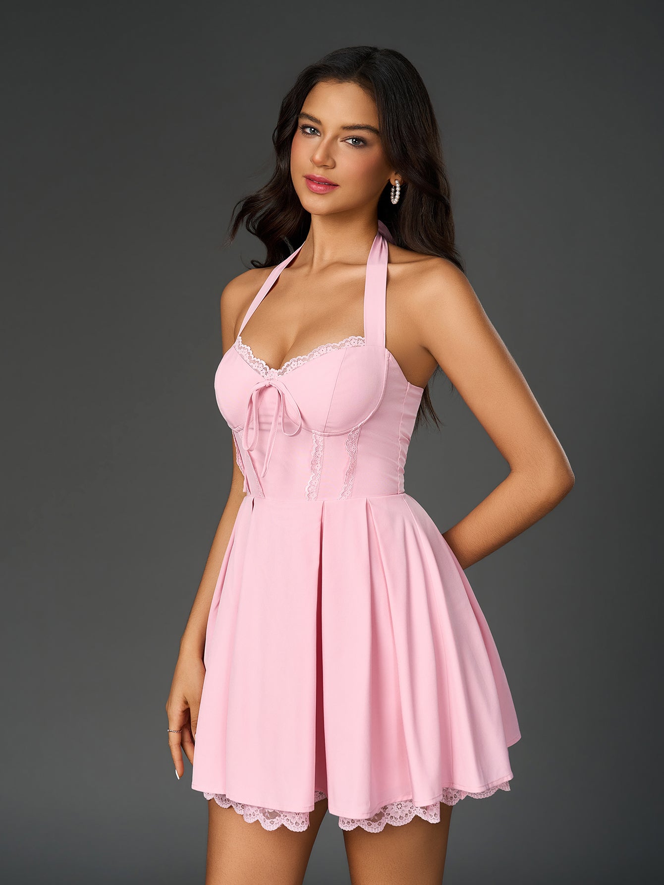 Halter Neck Lace Trim Tie Front Corset Fit and Flare Mini Dress