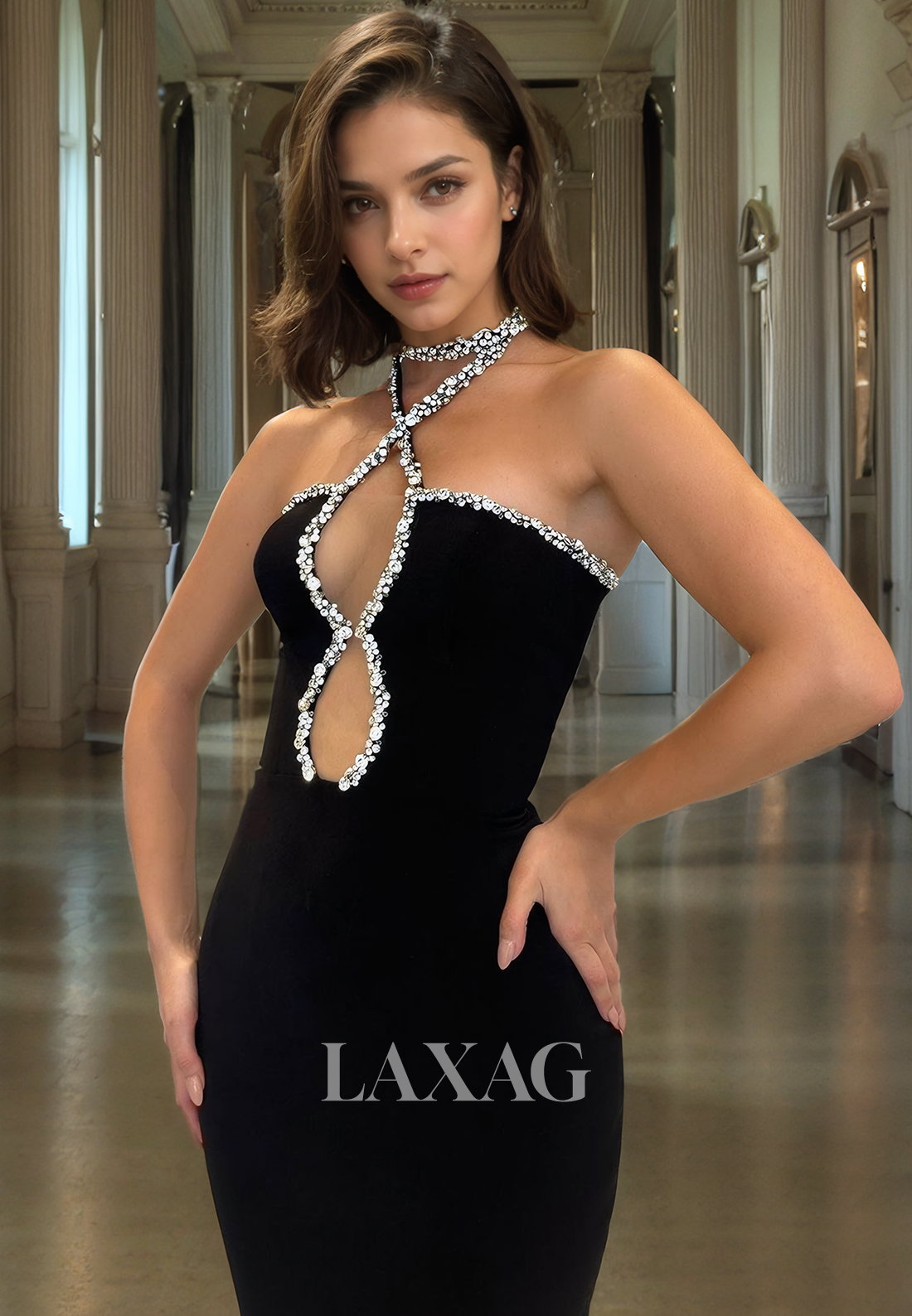 Off-Shoulder Sleeveless Mermaid Prom Dress Halter-Neck Cutout Beaded Pleated Satin Party Gowns