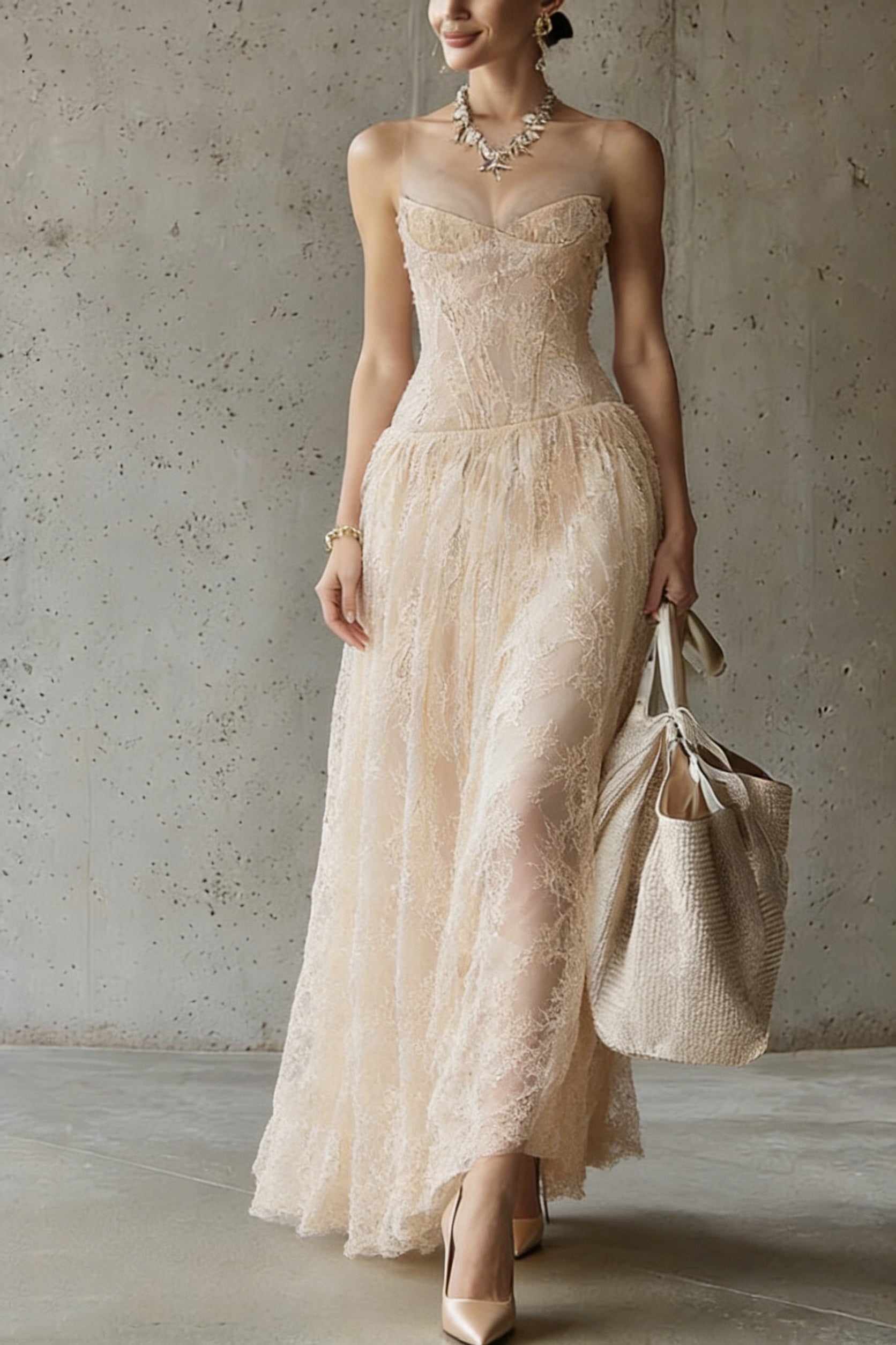Lace Corset Bodice Mesh Strap Sweetheart Neck A-Line Maxi Gown