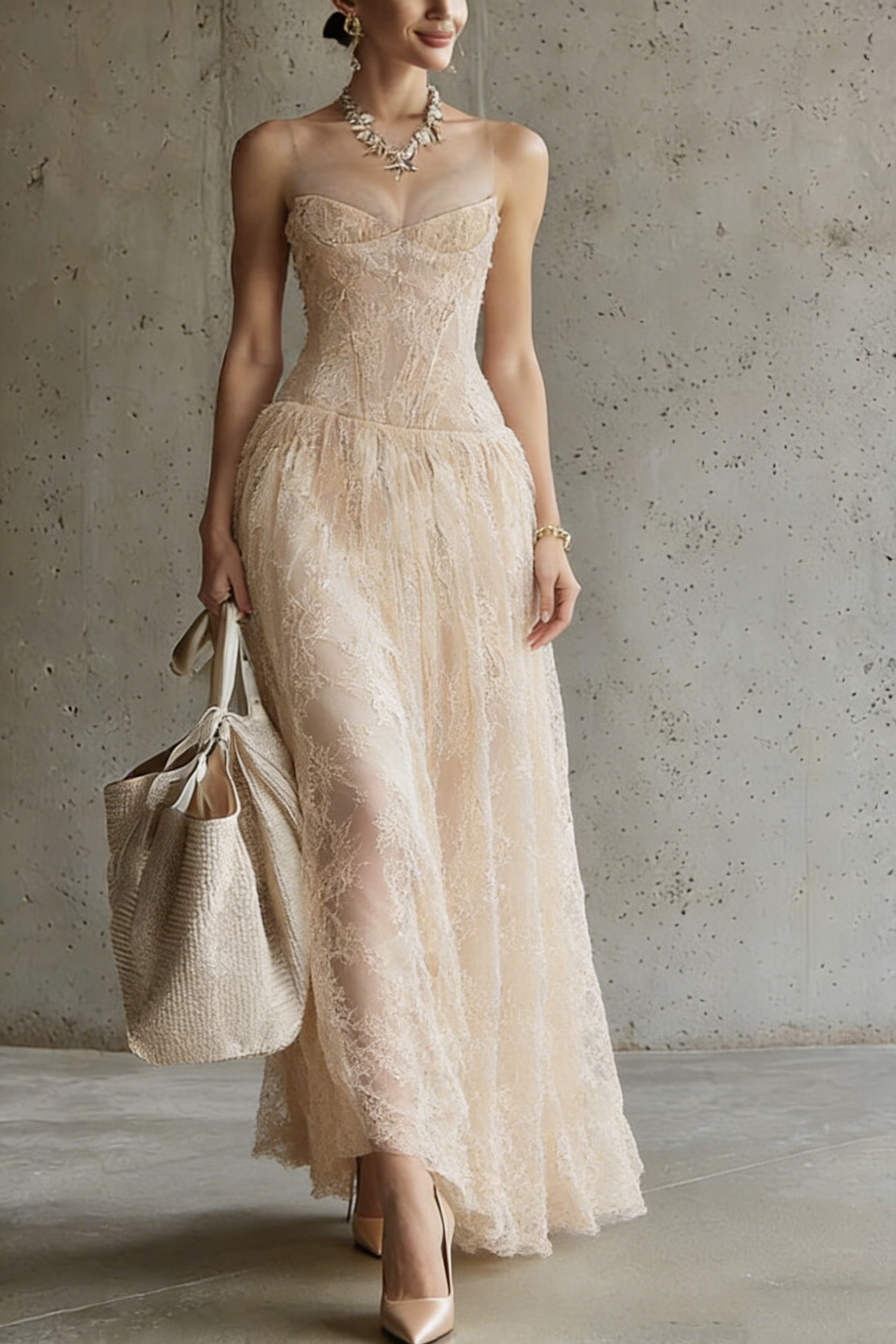 Lace Corset Bodice Mesh Strap Sweetheart Neck A-Line Maxi Gown