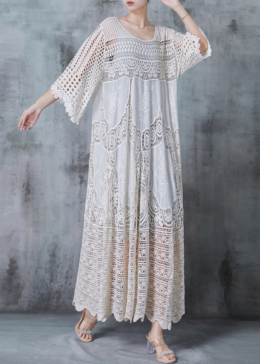 Women Beige Embroidered Hollow Out Knit Dress Summer