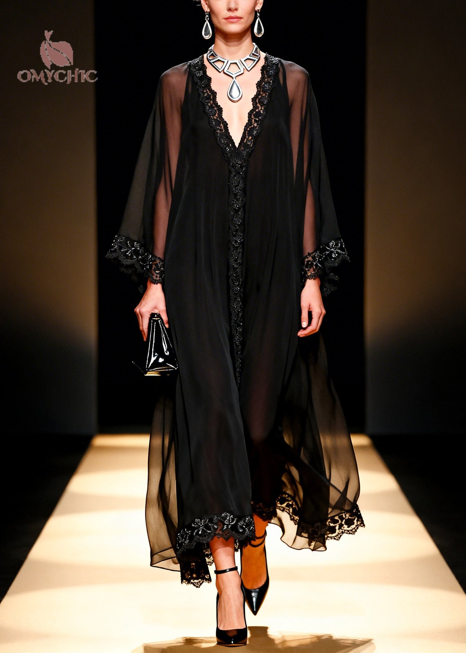 Handmade Black Oversized Lace Patchwork Chiffon Dresses Summer