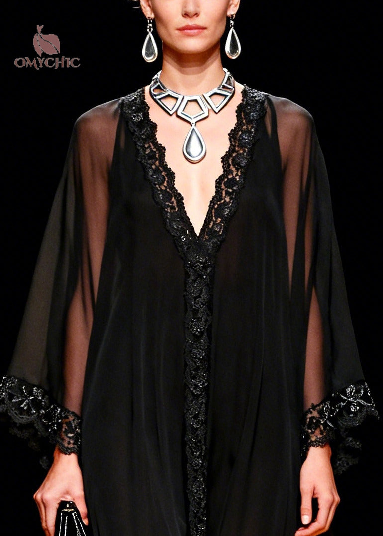 Sheer Chiffon Deep V-Neck Lace Trim Kimono Sleeve Kaftan Maxi Gown