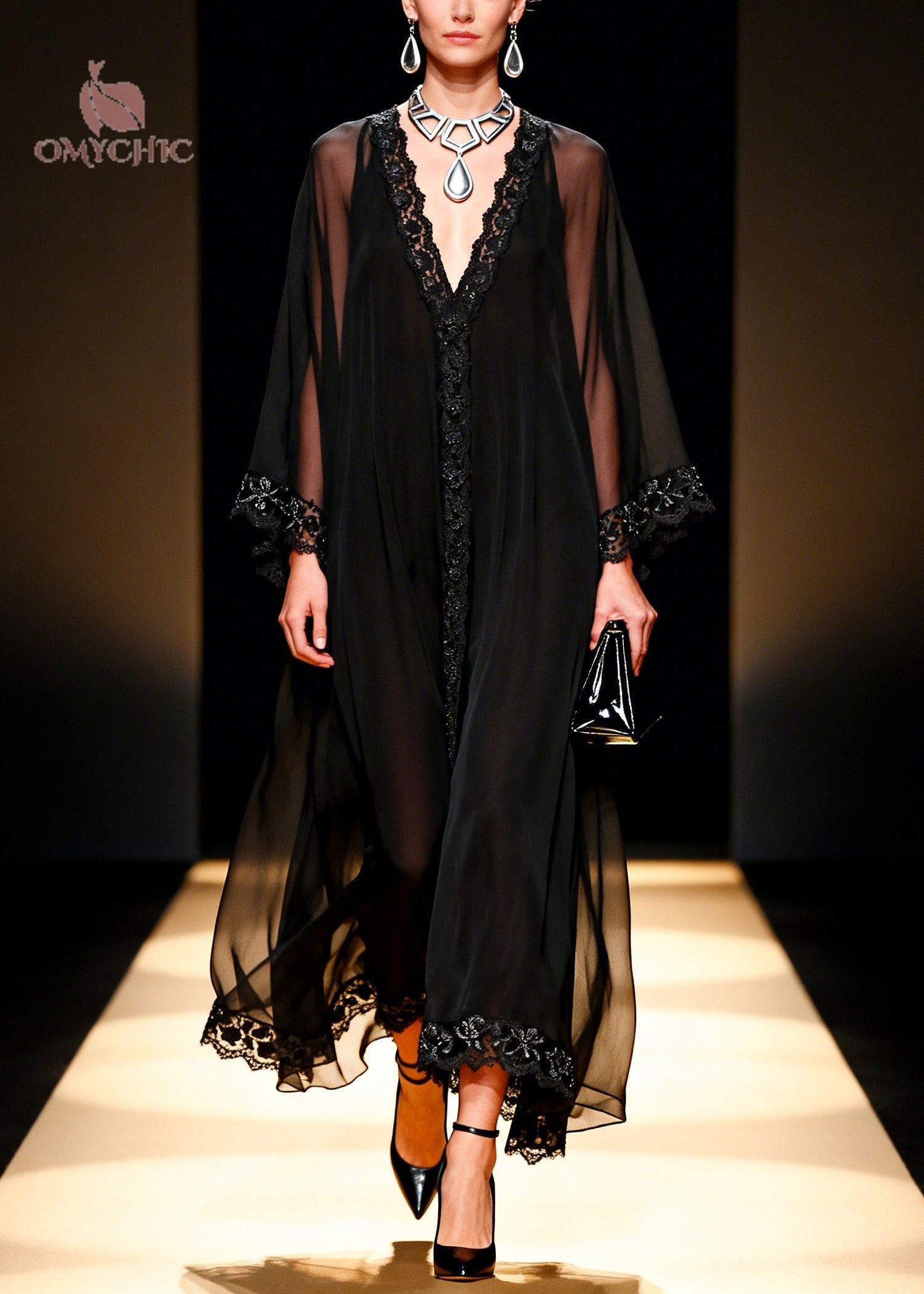 Sheer Chiffon Deep V-Neck Lace Trim Kimono Sleeve Kaftan Maxi Gown