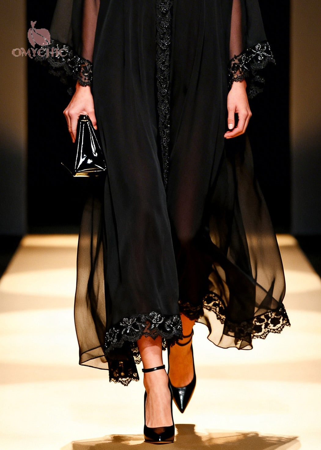 Sheer Chiffon Deep V-Neck Lace Trim Kimono Sleeve Kaftan Maxi Gown