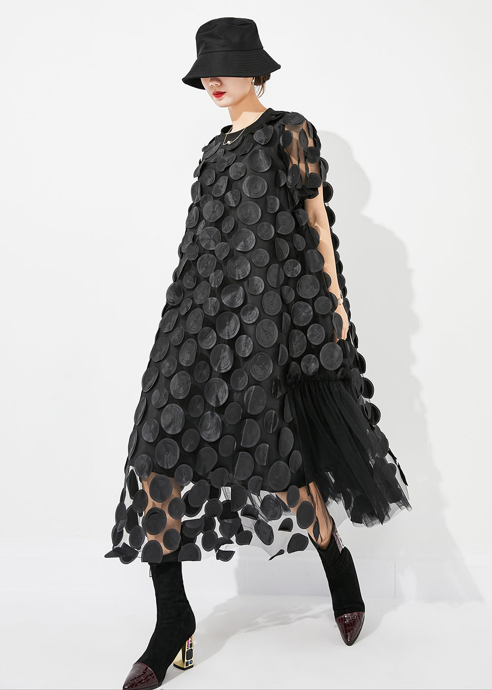 Mesh Circle Disc Appliqué High Neck Cap Sleeve Pleated Panel A-Line Midi Dress