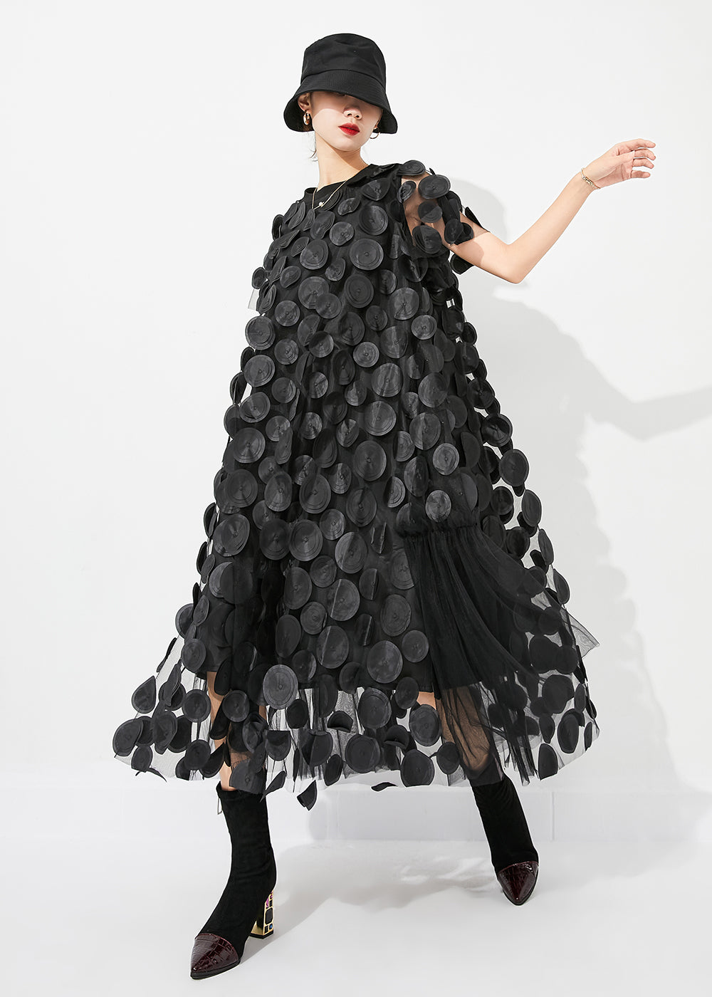 Mesh Circle Disc Appliqué High Neck Cap Sleeve Pleated Panel A-Line Midi Dress
