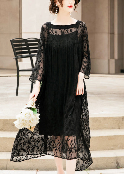 Lace Floral Sheer Yoke Long Sleeve Pleated Layered Midi Dress