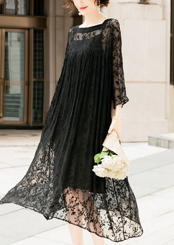 Lace Floral Sheer Yoke Long Sleeve Pleated Layered Midi Dress