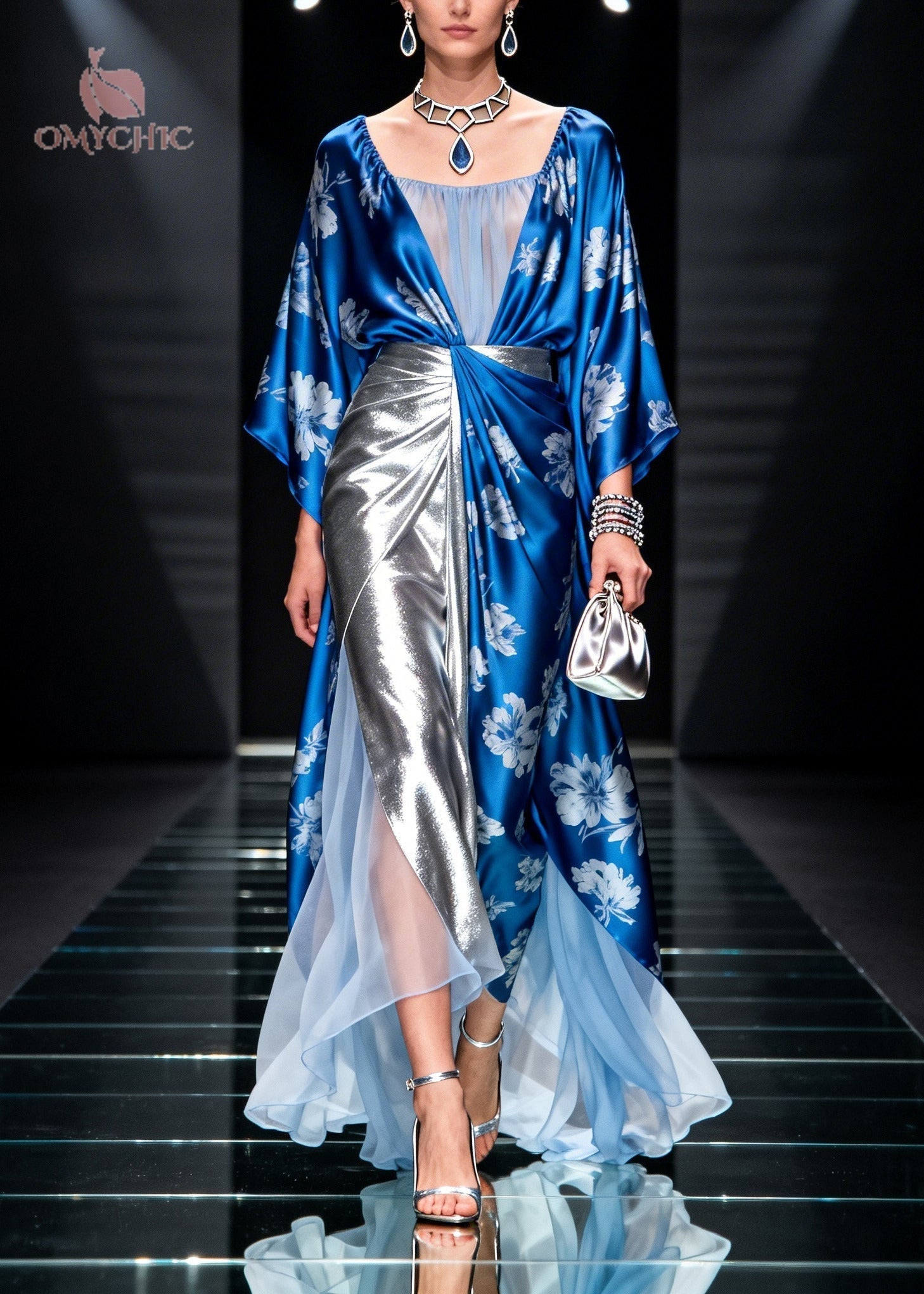 Floral Print Kimono Sleeve Mesh Panel Metallic Pleated High Split Tiered Maxi Gown