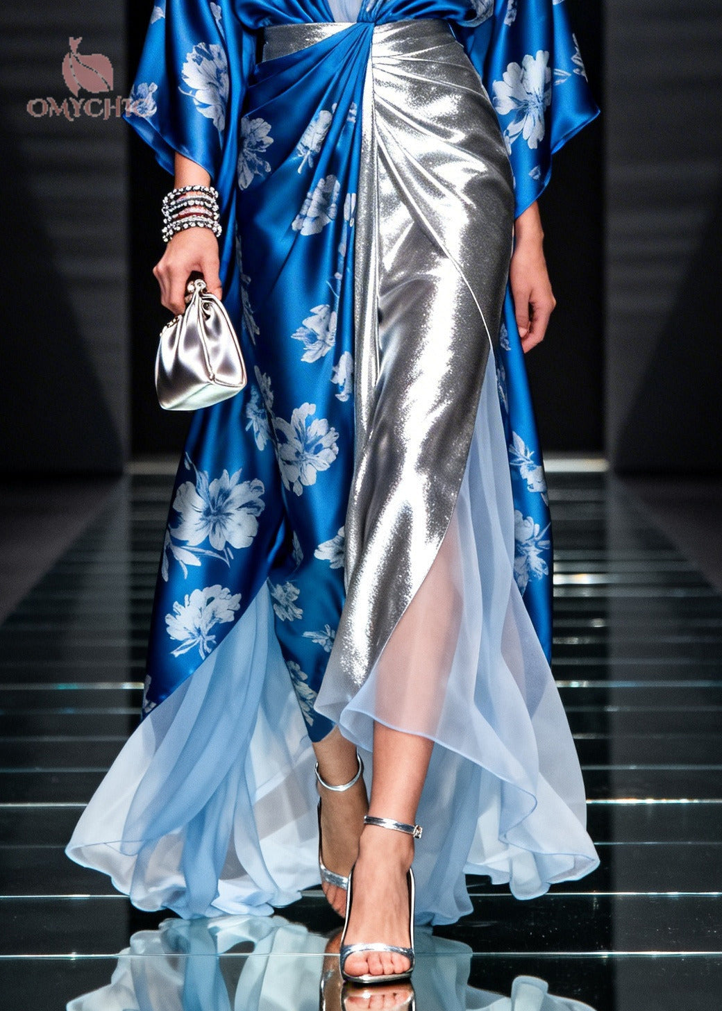 Floral Print Kimono Sleeve Mesh Panel Metallic Pleated High Split Tiered Maxi Gown