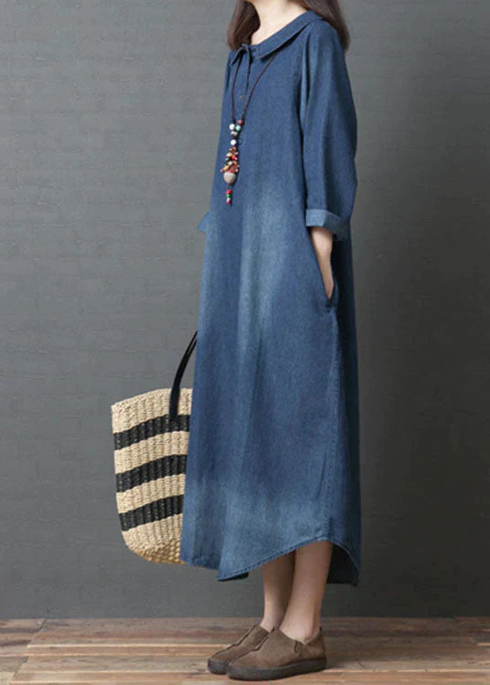 Denim Peter Pan Collar Half Button Patch Pocket Loose Fit Maxi Dress