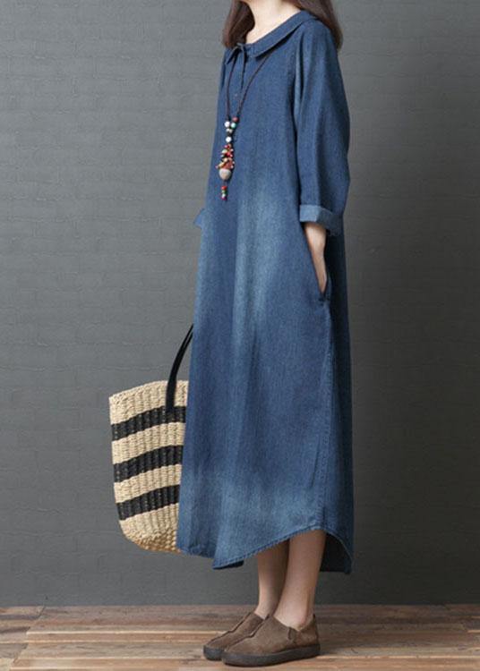 Handmade Blue PeterPan Collar Pockets Patchwork Fall Denim Long sleeve Dresses