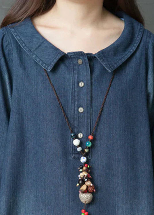 Denim Peter Pan Collar Half Button Patch Pocket Loose Fit Maxi Dress