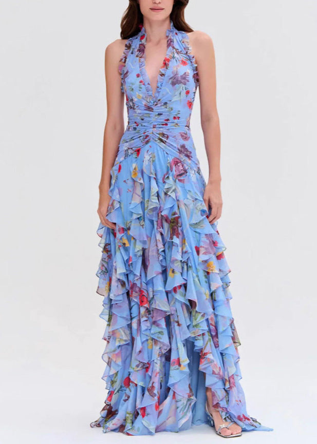 Handmade Blue Ruffled Asymmetrical Print Chiffon Long Dresses Sleeveless